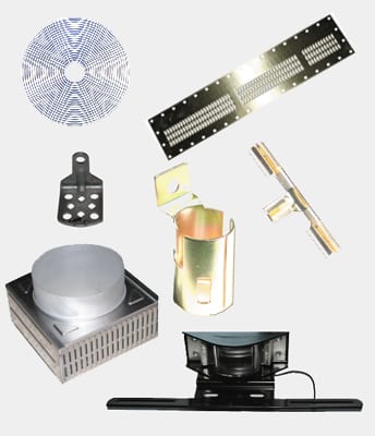 A collection of stamped brackets, clips and perforated parts made by Arro